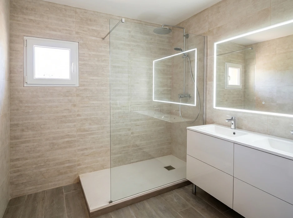 Salle de bains moderne avec douche à l'italienne, paroi en verre trempé transparente, receveur de douche extra-plat blanc