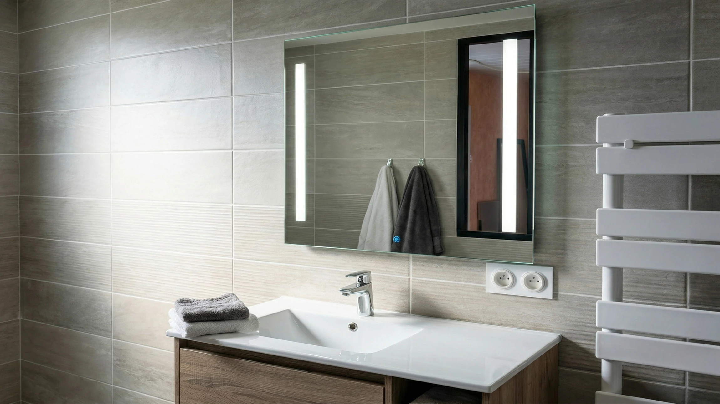 Plombier professionnel en combinaison de travail et gants bleus installant ou réparant une chasse d'eau dans une salle de bains moderne