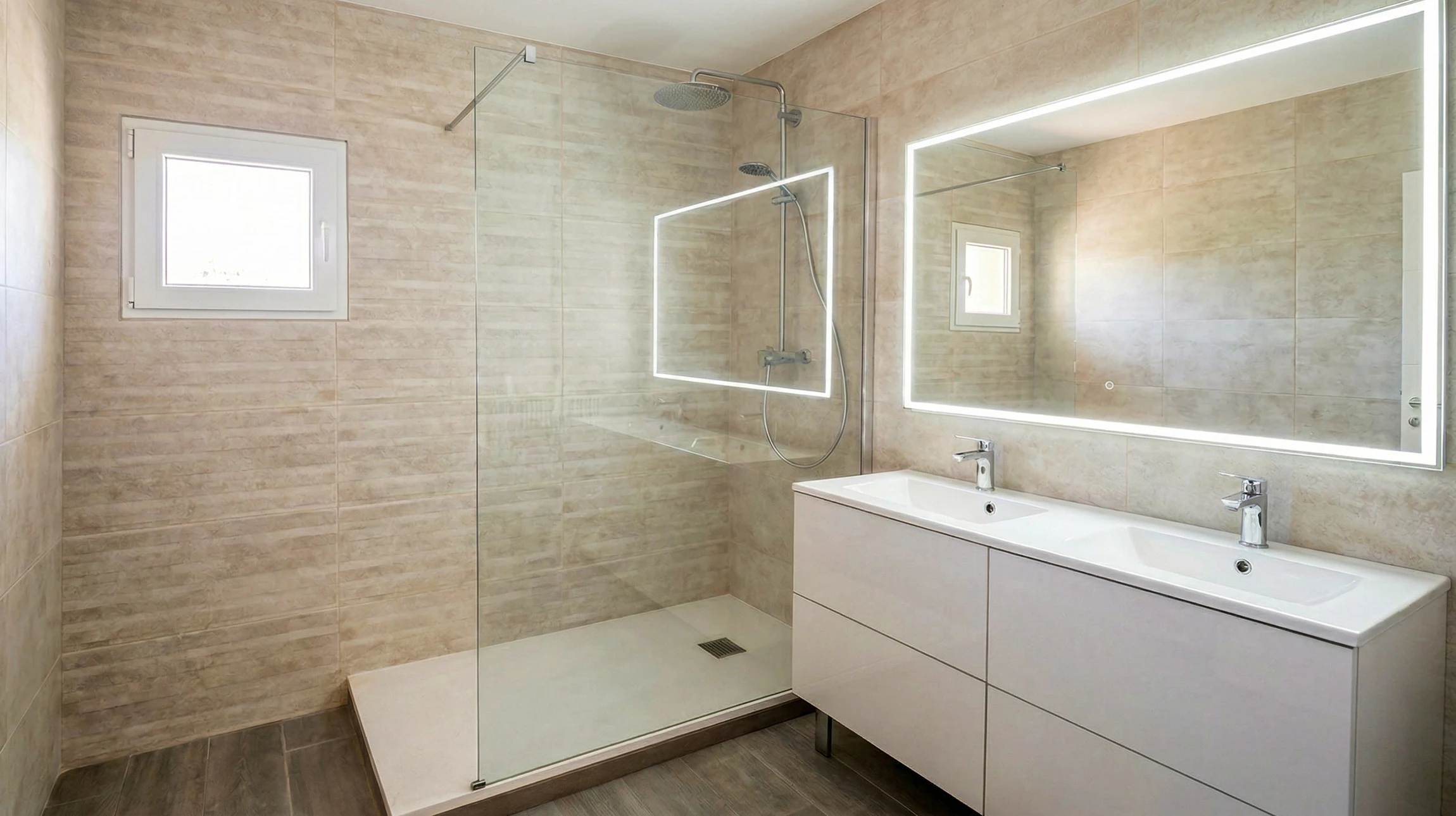 Salle de bains moderne avec douche à l'italienne, paroi en verre trempé transparente, receveur de douche extra-plat blanc