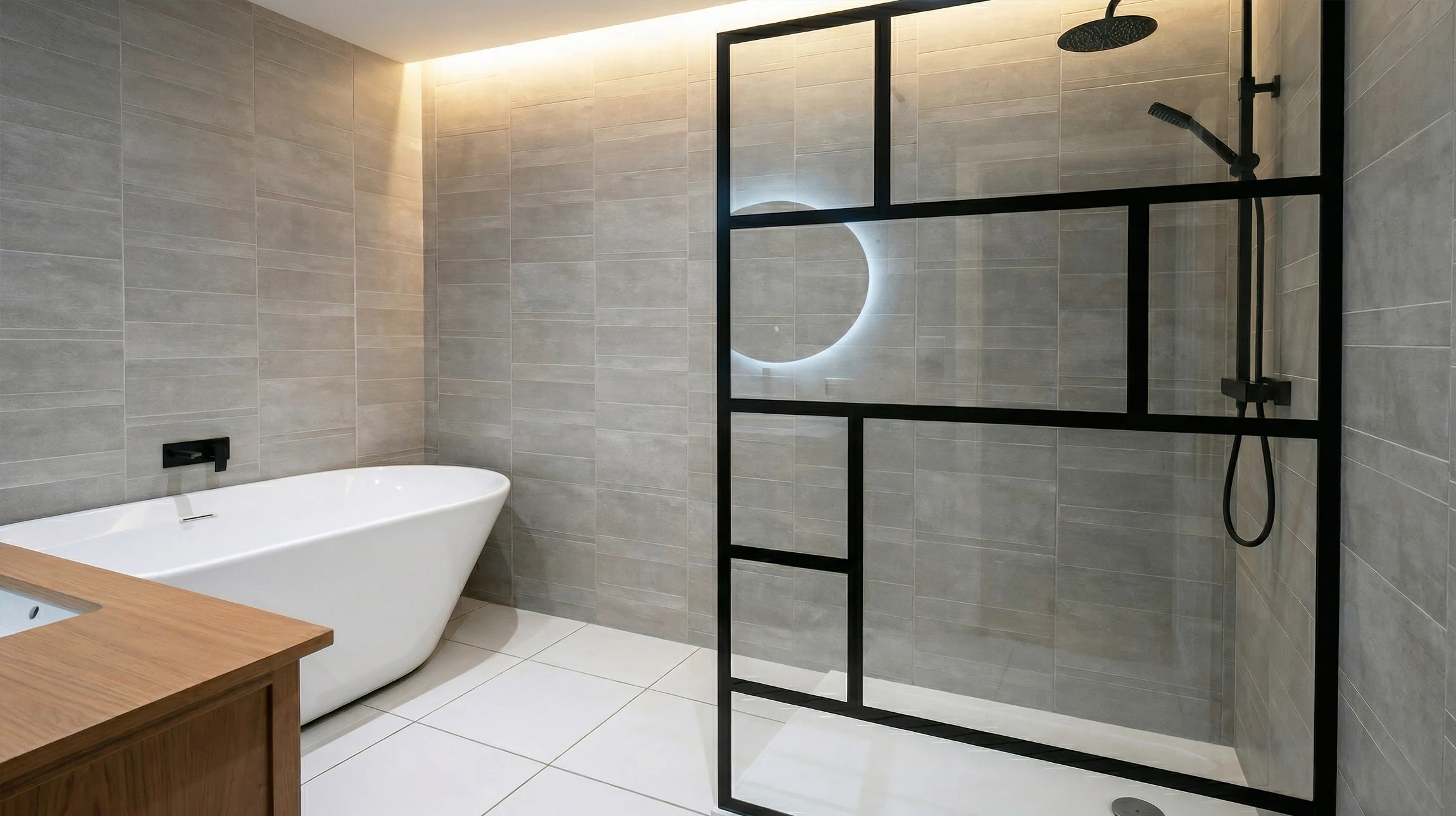 Salle de bain moderne avec meuble vasque en bois, plan vasque blanc encastré, robinet mitigeur chromé
